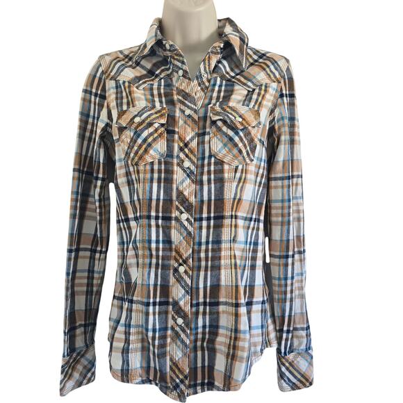 True Religion Tops - True Religion Womens Plaid Y2K Western Shirt Size XS Brown Pearl Snap Button